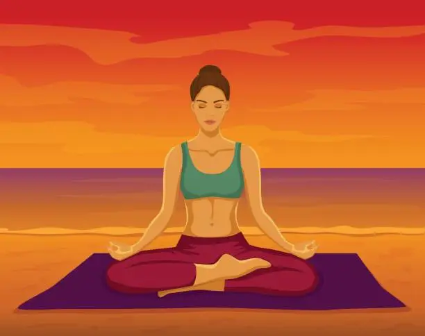 Vector illustration of woman meditating on the beach at sunset.outdoor yoga