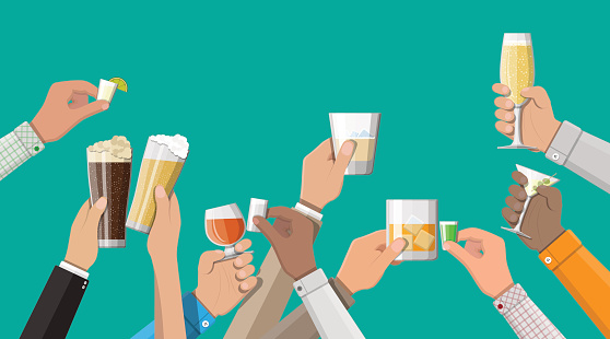 Hands group holding glasses with wine, vodka, tequila, liquor, champagne, whiskey, beer and cognac drinks. Celebration ceremony, holydays. Vector Illustration in flat style