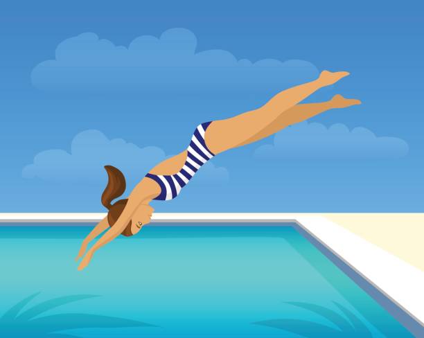 girl diving jumping into swimming pool girl diving jumping into swimming pool diving into pool stock illustrations