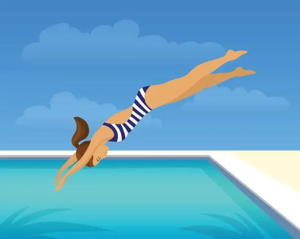 Vector illustration of girl diving jumping into swimming pool