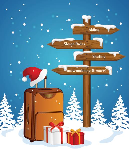 illustrations, cliparts, dessins animés et icônes de vacances d’hiver voyagent carte de voeux avec les enseignes directionnelles, de valise, de cadeaux et de neige - ski travel symbol suitcase