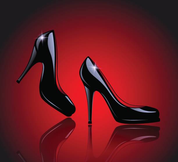 illustrazioni stock, clip art, cartoni animati e icone di tendenza di realistico paio di scarpe nere illustrazione vettoriale su sfondo rosso - black heels