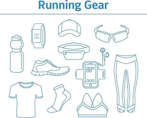 Running Gear For Men And Women. Linear Style Running Accessories. Running Gear For Men And Women. Linear Style Running Accessories. Sport Clothes, Gps Watch, Sport Water Bottle, Armband, Fitness Shoes, Cap, Belt Bag, Sport Socks and Glasses. running board stock illustrations