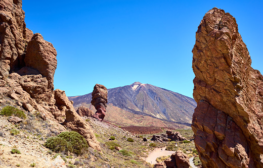 Photo of the famous Roques de García stone formations and the Mount Teide Volcano.