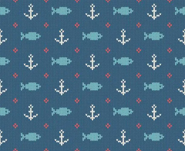 Vector illustration of Sea and nautical backgrounds in white, turquoise, red and dark blue colors. Sea theme. Seamless patterns. Woolen knitted texture. Vector Illustration.