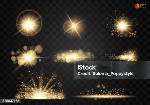 istock Set. Shining star, the sun particles and sparks with a highlight effect, color bokeh lights glitter and sequins. 825637986