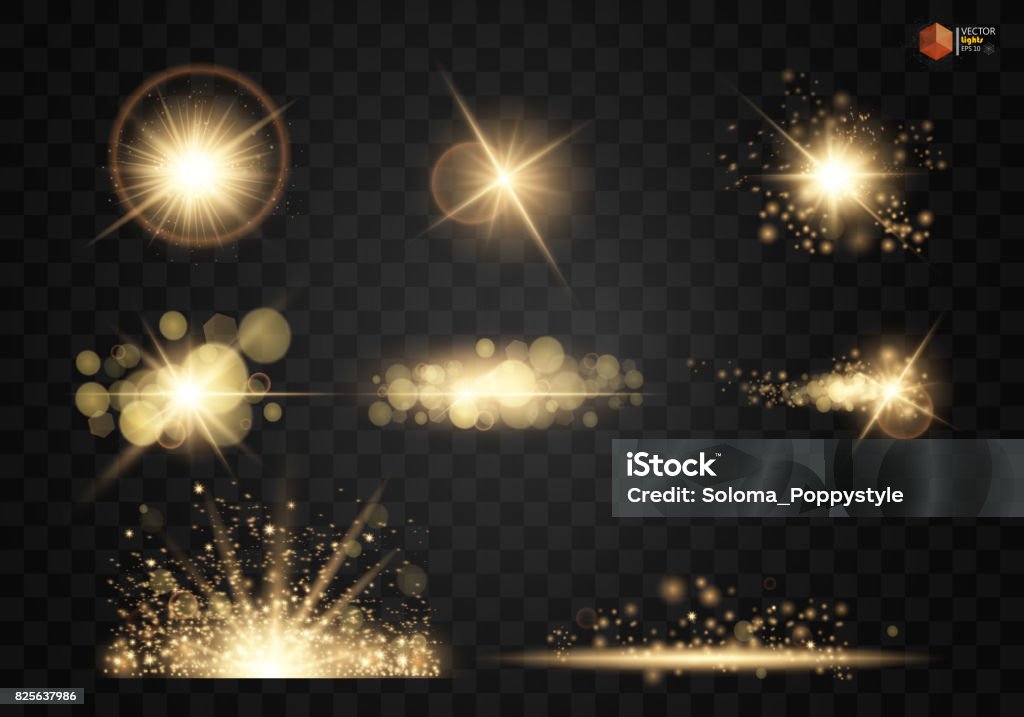 Set. Shining star, the sun particles and sparks with a highlight effect, color bokeh lights glitter and sequins. Set. Shining star, the sun particles and sparks with a highlight effect, color bokeh lights glitter and sequins. On a dark background transparent. Vector, EPS10 Gold - Metal stock vector