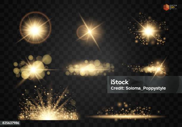 Set Shining Star The Sun Particles And Sparks With A Highlight Effect Color Bokeh Lights Glitter And Sequins Stock Illustration - Download Image Now