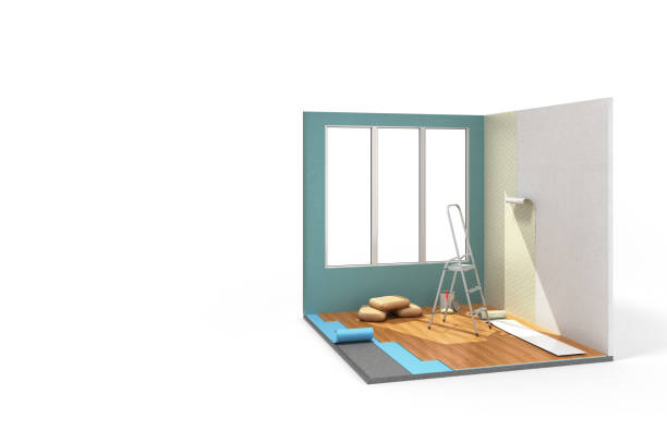 istock Concept of repair work isometric low poly home room renovation icon 3d render on white 825642582