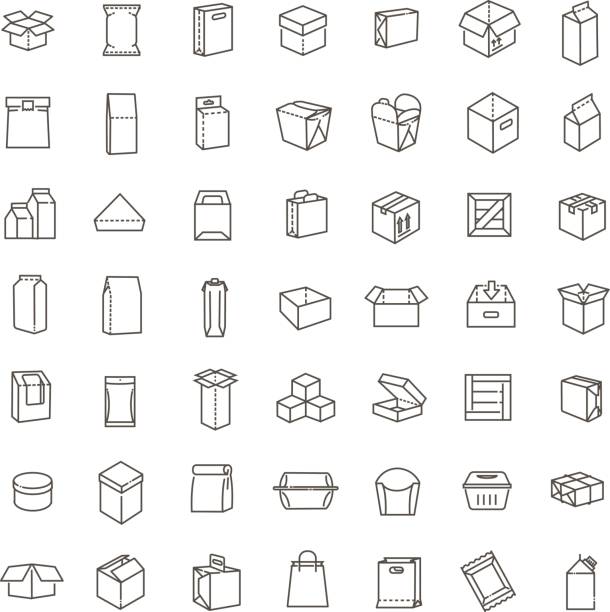 Vector package types icon set in thin line style Simple Set of Box Related Vector Line Icons. Contains such Icons as Open Box, Package Return, Wooden Crate container stock illustrations