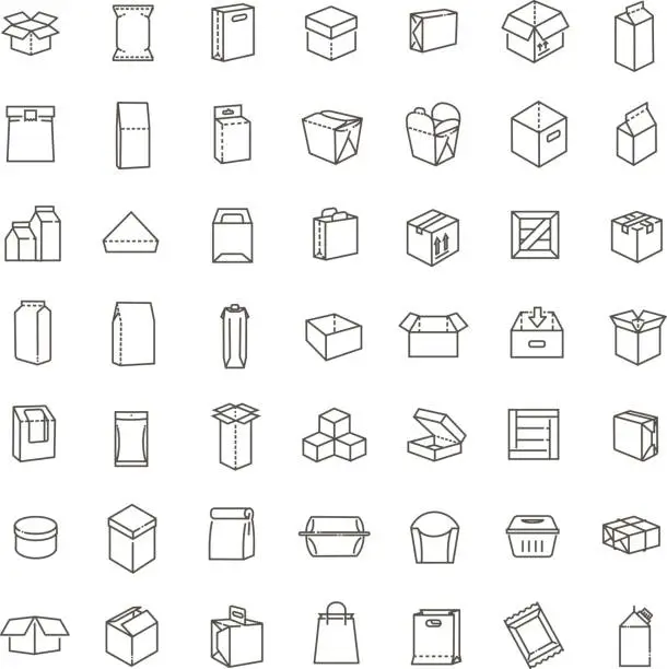 Vector illustration of Vector package types icon set in thin line style