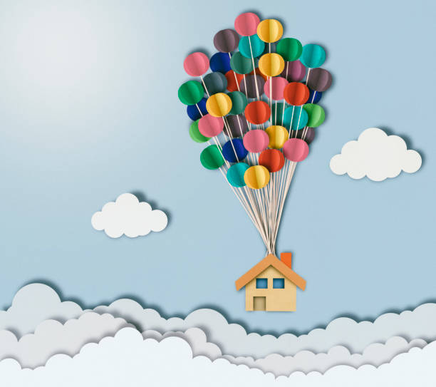 istock Flying house over clouds, paper cutting style 825654578