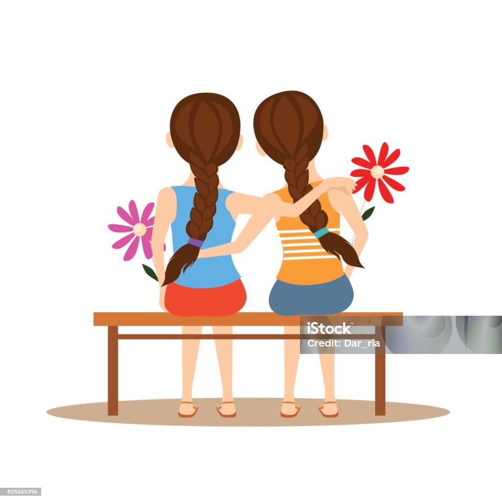 Back view of two cute girls hugging . Friendship Day Back view of two cute girls hugging together on white isolated. Happy Friendship Day Sister stock vector