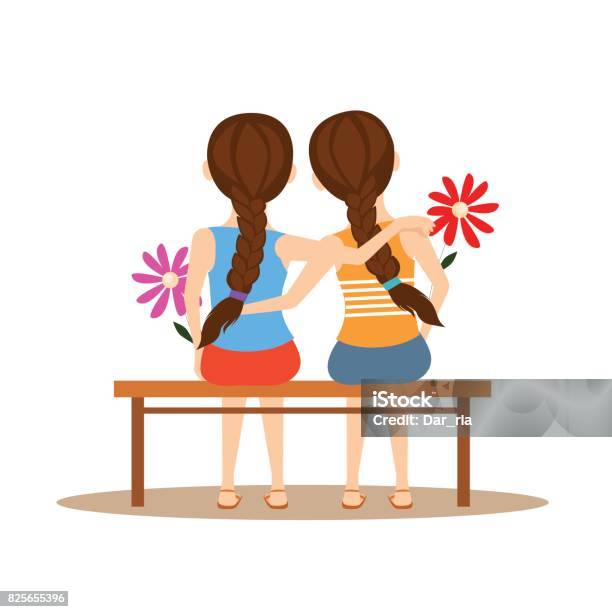 Back View Of Two Cute Girls Hugging Friendship Day Stock Illustration - Download Image Now