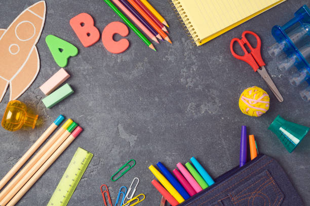 istock Back to school background with school supplies.View from above. Flat lay 825661780