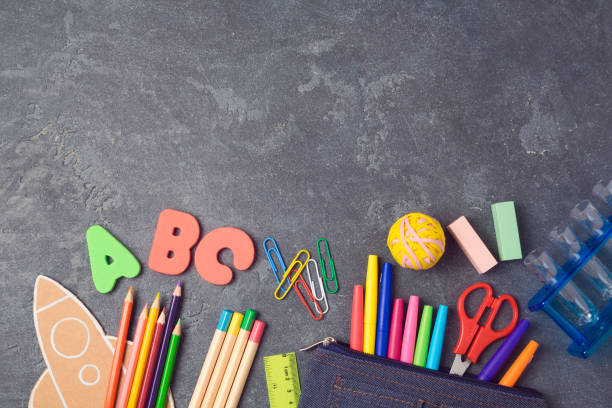 istock Back to school background with school supplies.View from above. Flat lay 825661804