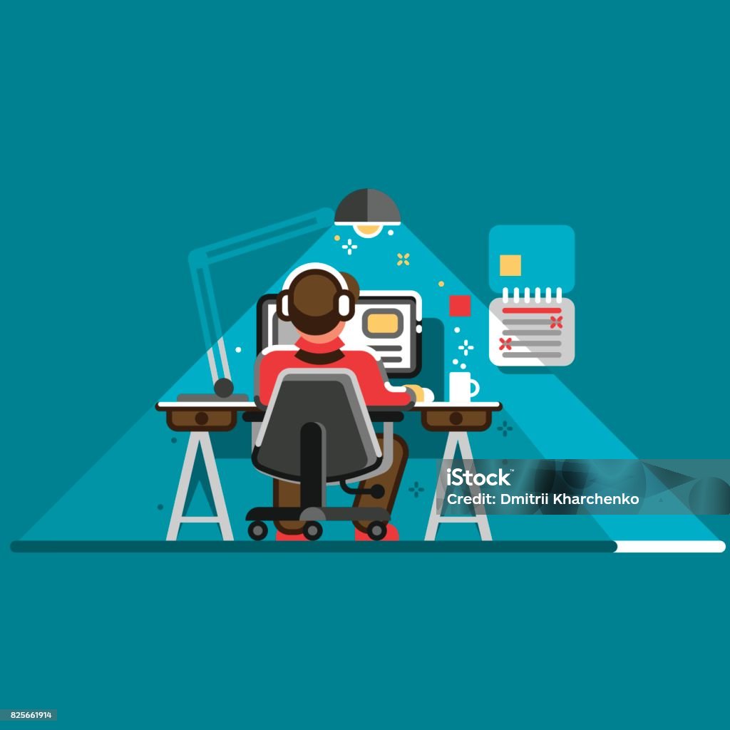 Office worker at his desk, back view. Cool vector flat design illustration with man working on desktop computer. Arts Culture and Entertainment stock vector