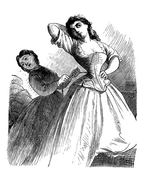 ilustrações de stock, clip art, desenhos animados e ícones de woman squeezes a corset of a young woman -1867 - bustiers