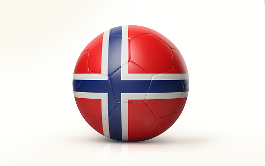 Photorealistic 3d render of a soccer ball textured with Norwegian flag isolated on white background. Soccer ball is lit by the upper left corner of the composition and casting shadows on white ground. Horizontal composition with copy space. Clipping path is included. Great use for Fifa  World Cup 2018 and football  play offs related news and concepts.
