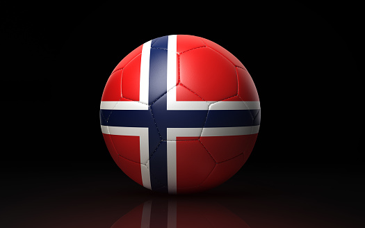 Photorealistic 3d render of a soccer ball textured with Norwegian flag on black background. Soccer ball is lit by the upper left corner of the composition and casting shadows and reflections on black ground. Horizontal composition with copy space. Clipping path is included. Great use for Fifa World Cup 2018 and football  play offs related news and concepts.