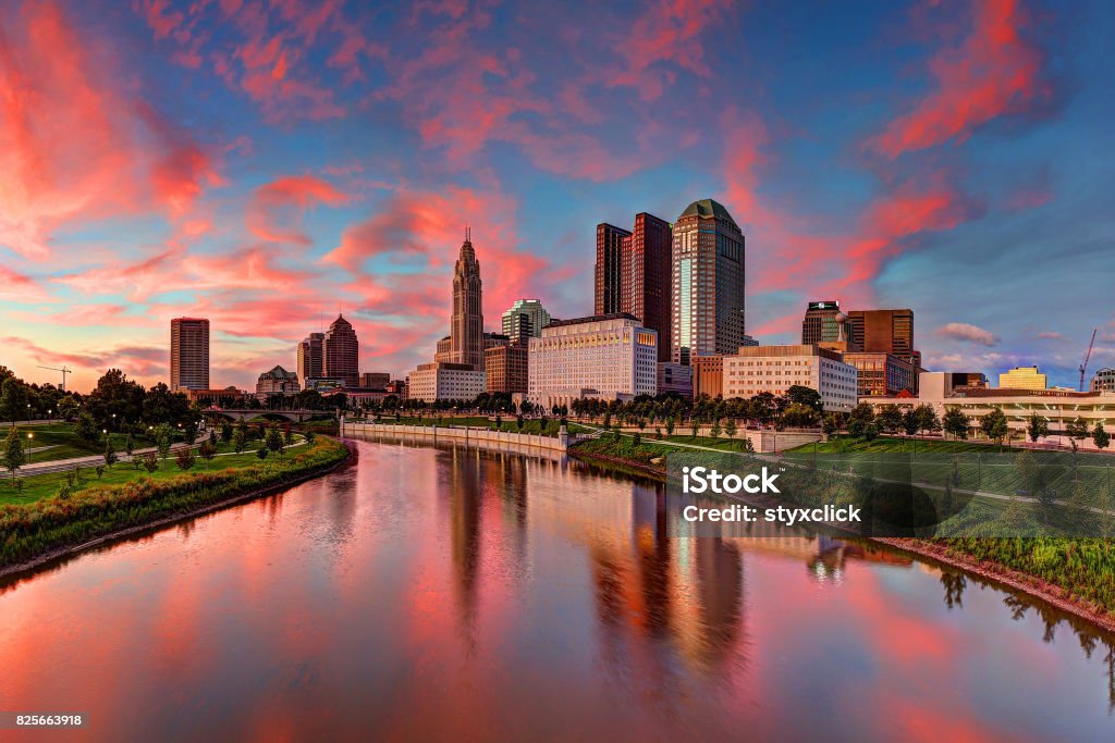 Columbus, Ohio cityscape Evening Columbus Ohio skyline along the Scioto River at dusk Columbus - Ohio Stock Photo