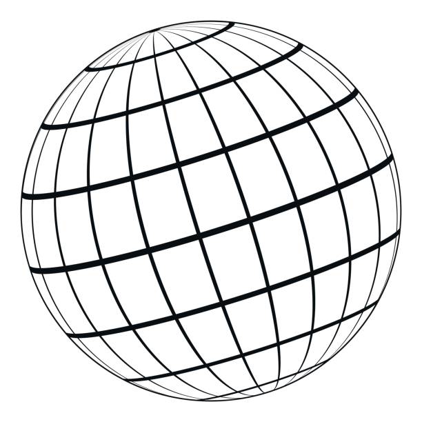 globus 3d-modell der erde oder des planeten, modell der himmelskugel mit koordinatengitter, vektorfeld mit streifen und linien von meridian und parallel - connection in a row striped globe stock-grafiken, -clipart, -cartoons und -symbole