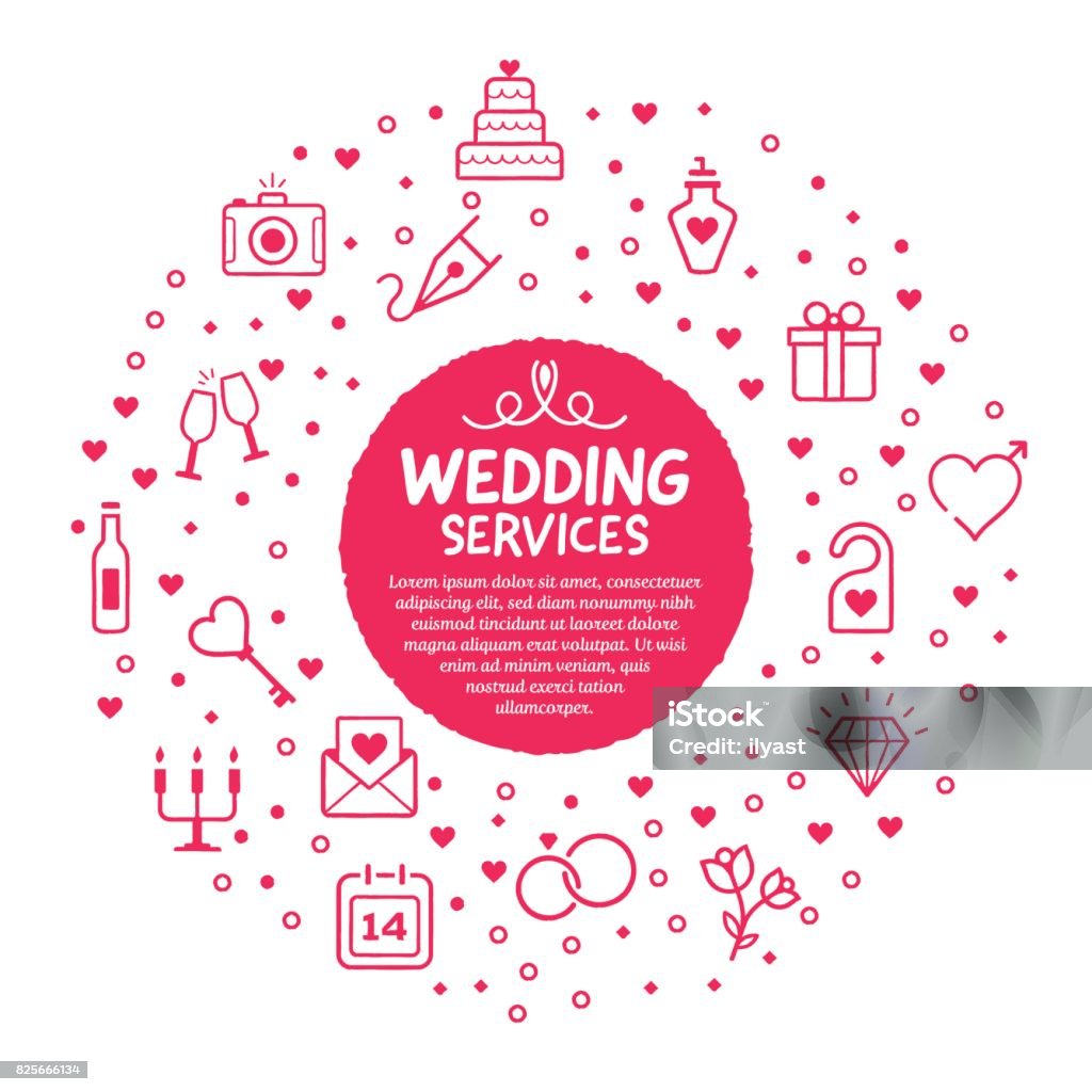 Wedding Services Poster Vector line illustration of the wedding services concept. Banquet stock vector