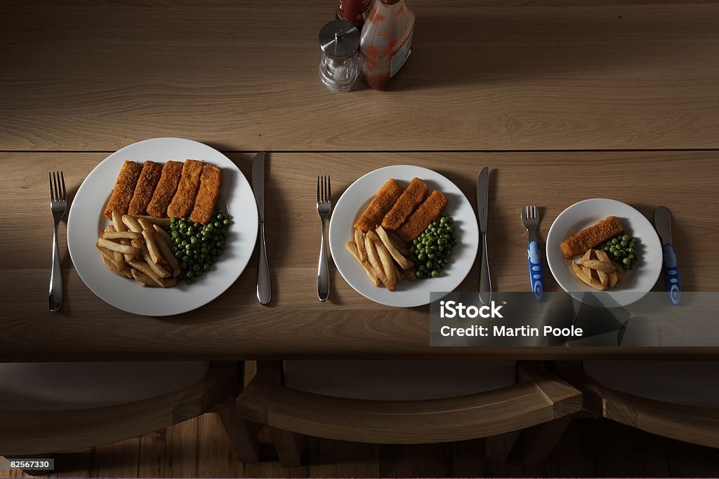 three different sized portions of food on plate  Scale Stock Photo