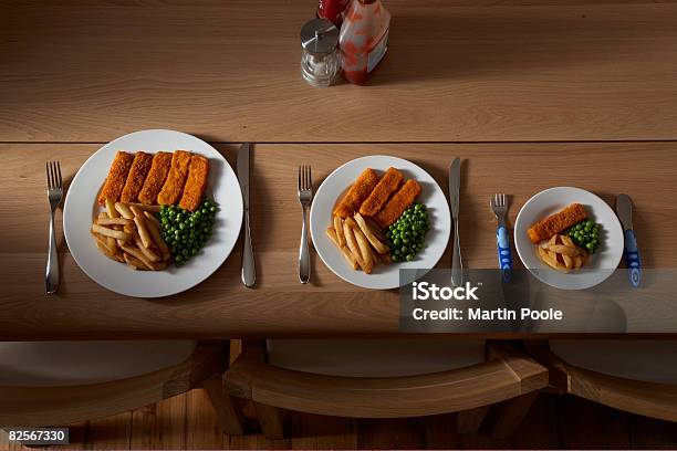 Three Different Sized Portions Of Food On Plate Stock Photo - Download Image Now - Scale, Plate, Variation