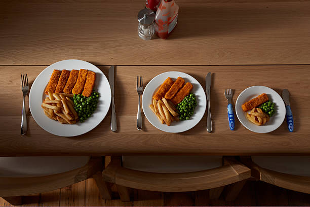 três partes de tamanho diferente de comida no prato - version 3 imagens e fotografias de stock