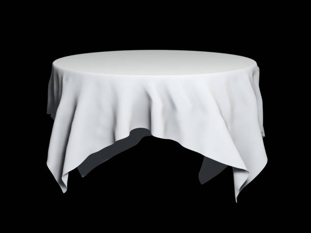 weiße runde tisch tuch mockup isoliert auf schwarz. 3d illustration - restaurant tablecloth stock-fotos und bilder
