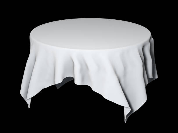 istock White round table cloth mockup isolated on black. 3D illustration 825673550