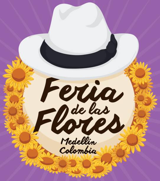 ilustrações de stock, clip art, desenhos animados e ícones de traditional straw arriero hat with daisies for colombian flowers festival - flower parade