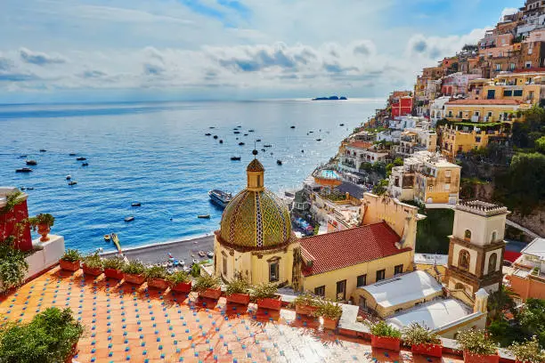 Scenic view of Positano, beautiful Mediterranean village on Amalfi Coast (Costiera Amalfitana) in Campania, Italy