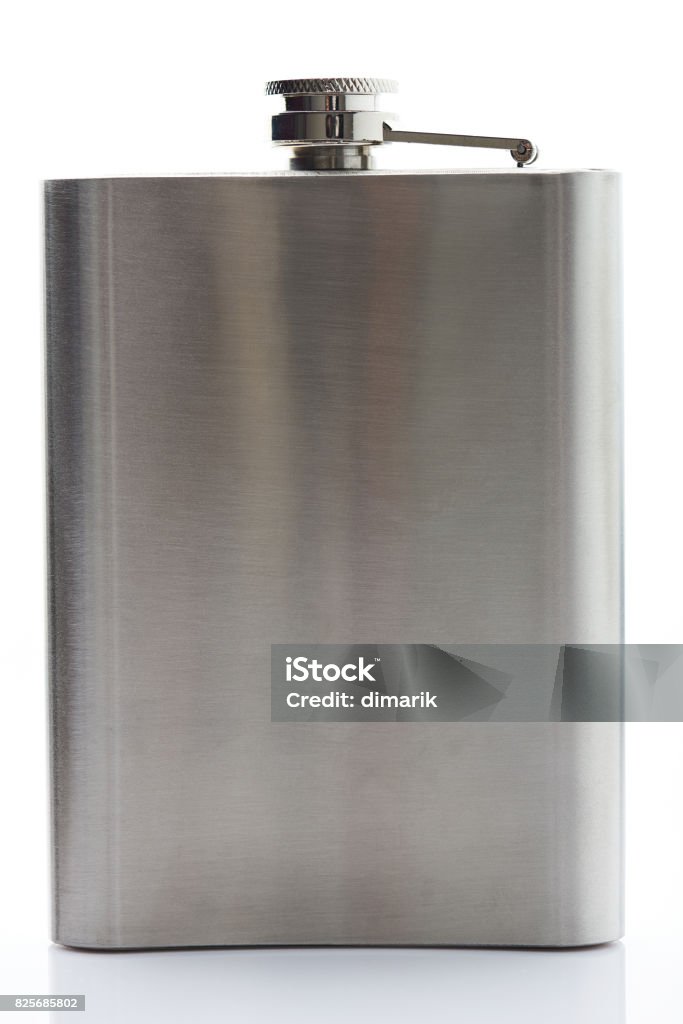 One metal flask One metal flask isolated on white background. Stainless flask closeup Addiction Stock Photo