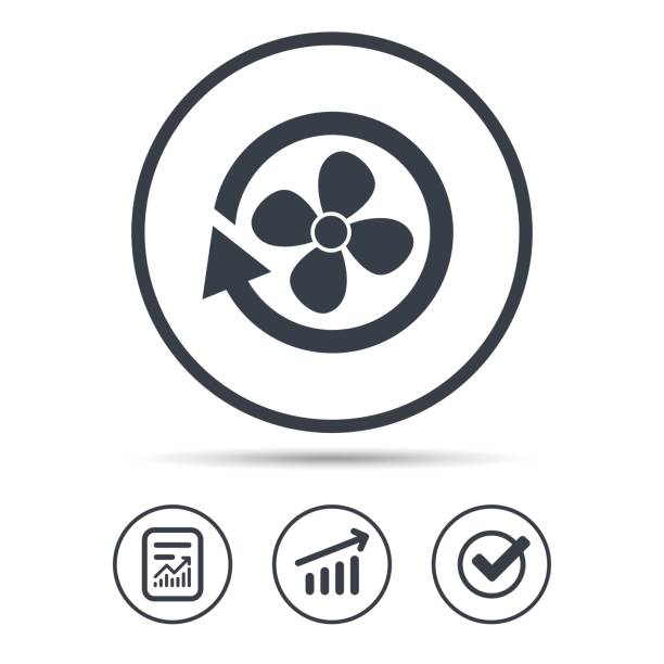 Ventilation icon. Air ventilator or fan sign. Ventilation icon. Air ventilator or fan symbol. Report document, Graph chart and Check signs. Circle web buttons. Vector air quality stock illustrations