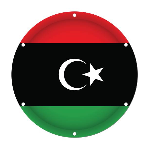 runde metallische flagge libyens mit schraublöchern - libya flag libyan flag three dimensional shape stock-grafiken, -clipart, -cartoons und -symbole