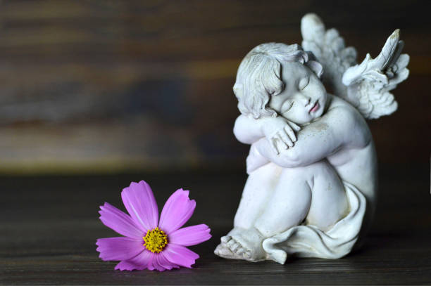 istock Angel and flower on wooden background 825700986