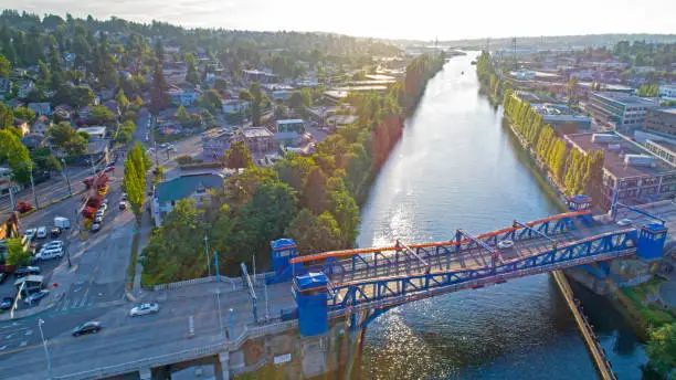 Photo of Fremont Bridge Seattle Lake Washington Ship Canal Magnolia Neighborhood Aerial