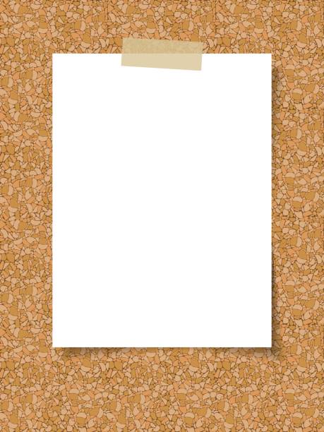 Paper on the background of a cork board Clean white sheet of paper on the background of a cork board bulletin board stock illustrations