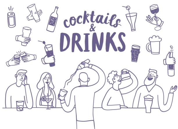 Doodle people drinking at the bar Doodle people drinking at the bar. Including set of  hands with drinks and bottles. Hand drawn brush vector cartoon illustration for your design. bartender illustrations stock illustrations