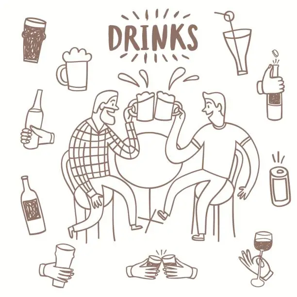 Vector illustration of Doodle friends drinking beer set.