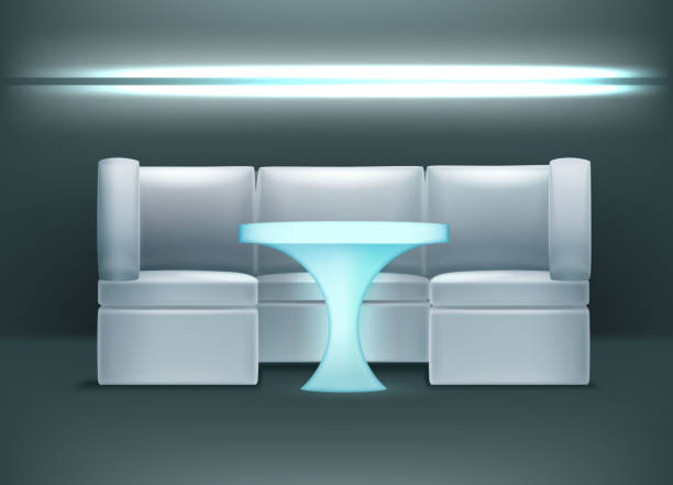 Night club interior Vector night club interior in blue colors with backlights, armchairs and illuminated table indoors bar restaurant sofa stock illustrations