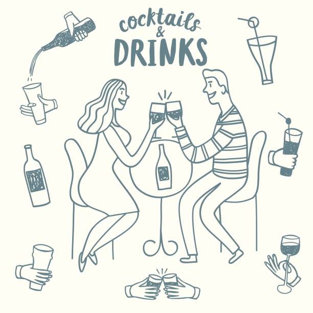Doodle romantic pair drinking wine Doodle romantic pair drinking wine. Including set of  hands with drinks and bottles. Hand drawn brush vector cartoon illustration for your design. gripping bars stock illustrations