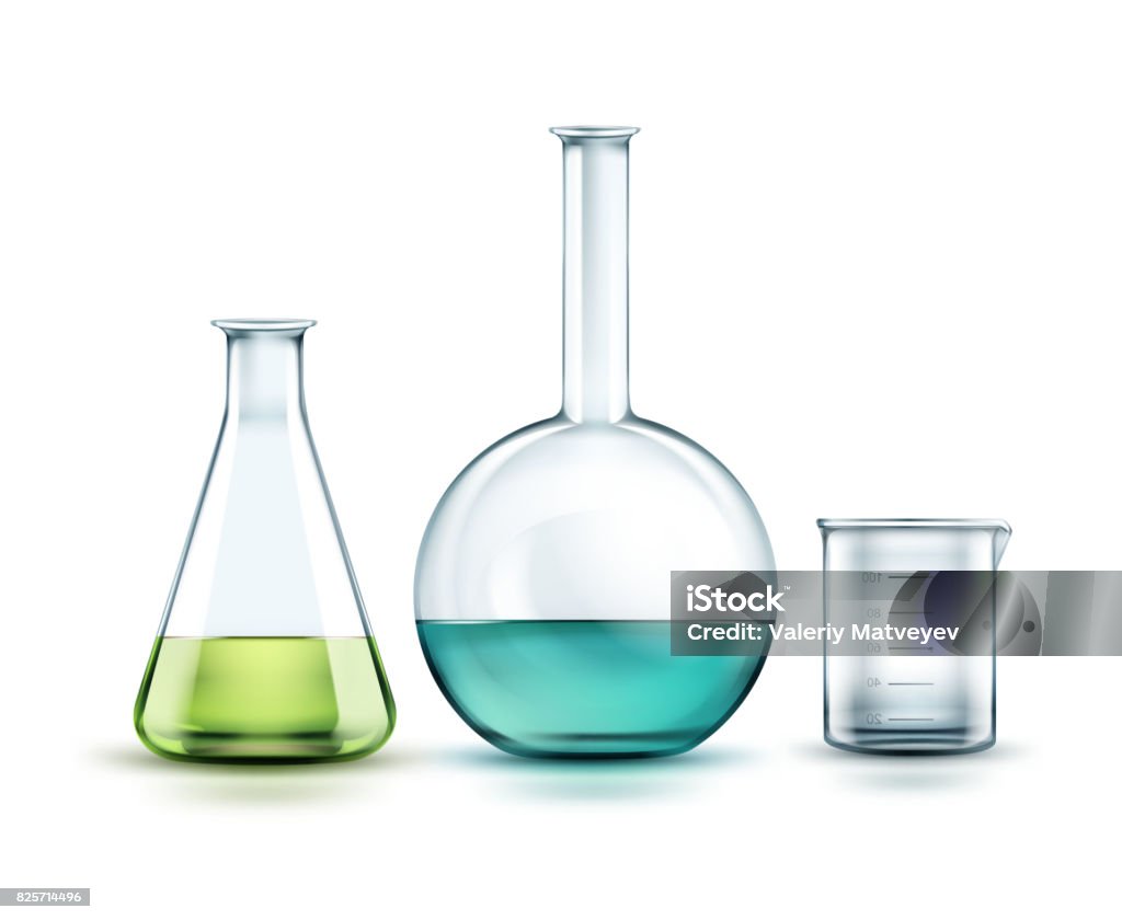 Glass laboratory flasks Vector transparent glass chemical flasks full off green, blue liquid and empty beaker isolated on background Test Tube stock vector