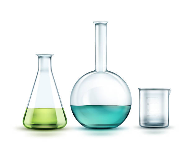 Glass laboratory flasks Vector transparent glass chemical flasks full off green, blue liquid and empty beaker isolated on background chemistry beaker stock illustrations