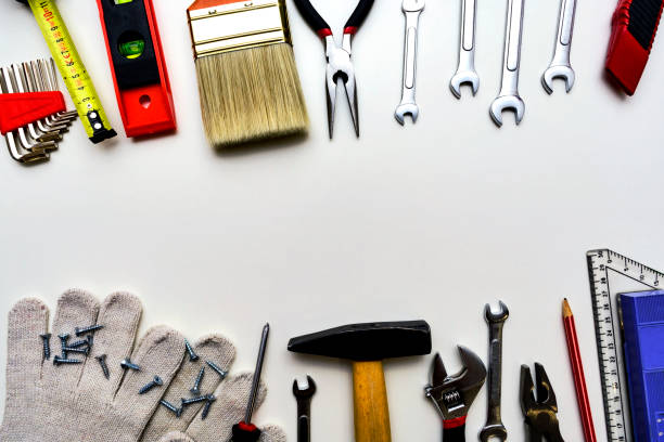 istock Tools for repairing top view on white background 825715306