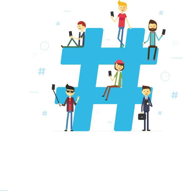 istock Hashtag concept illustration of young people using mobile tablet and smartphone 825715378