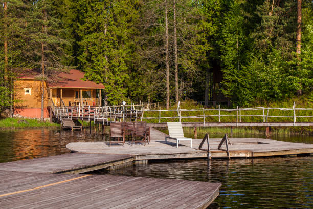 istock Wooden bathing bridges in the lake 825722170