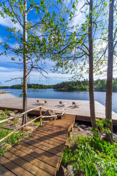 istock Wooden bathing bridges in the lake 825722290